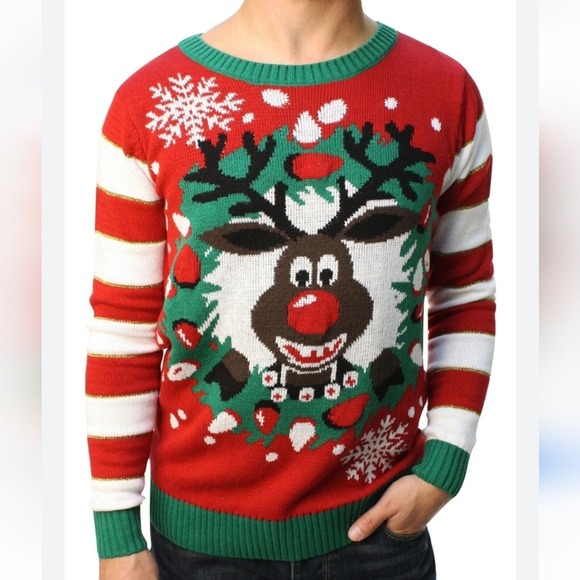 Ugly Christmas Sweater Rudolph Reindeer Stripes Light Bulbs Unisex Small - Picture 1 of 12